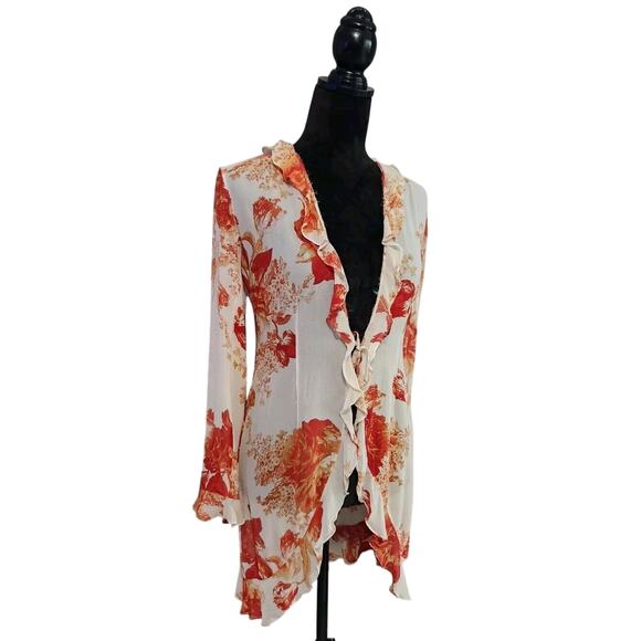 Kay Unger Women's Silk Chiffon Floral Ruffles Cardigan Petites 2 - Picture 2 of 8